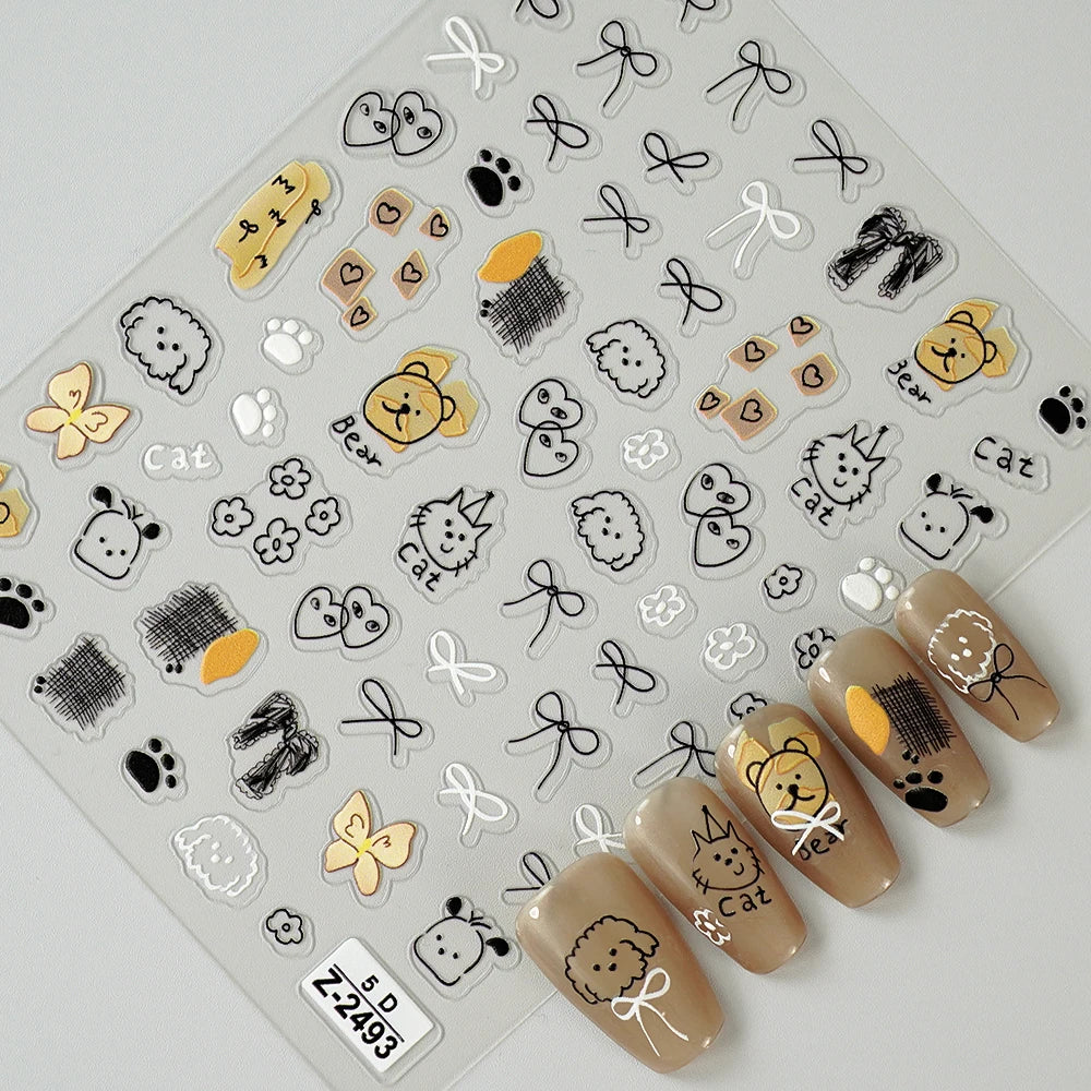 5D Cute Animal Nail Stickers Cute Sketching Graffiti Animal Cat Dog Nail Art Sticker Designs Self Adhesive Decoration Decal