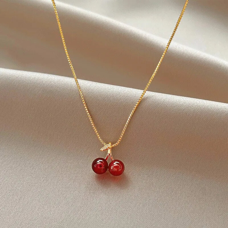 Stainless Steel Cherry Necklace Natural Stone Beads Pendant Chain Necklace Women's Fashion Wedding Jewelry Birthday Gift