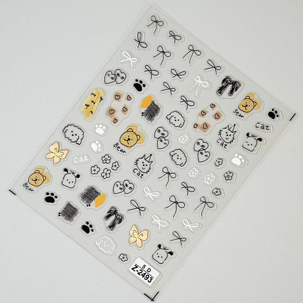 5D Cute Animal Nail Stickers Cute Sketching Graffiti Animal Cat Dog Nail Art Sticker Designs Self Adhesive Decoration Decal