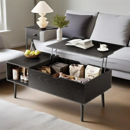 Table basse moderne à plateau relevable pour salon – Table centrale convertible à hauteur réglable avec rangement, finition expresso, noire