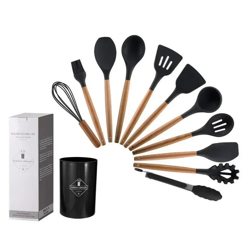 12-piece set of wooden handle silicone kitchenware with storage bucket High temperature resistant non-stick spatula
