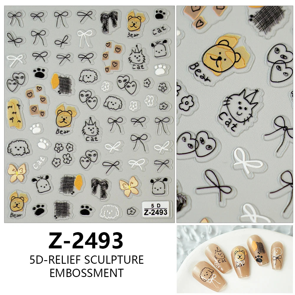 5D Cute Animal Nail Stickers Cute Sketching Graffiti Animal Cat Dog Nail Art Sticker Designs Self Adhesive Decoration Decal