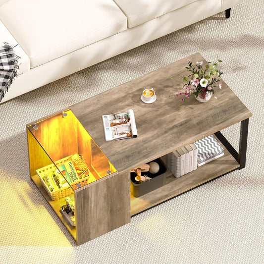 Table basse pour petit salon, table centrale moderne avec rangement, table rectangulaire en verre avec éclairage LED, grise