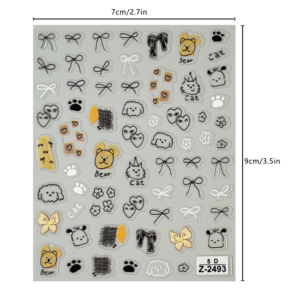 5D Cute Animal Nail Stickers Cute Sketching Graffiti Animal Cat Dog Nail Art Sticker Designs Self Adhesive Decoration Decal