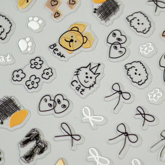 5D Cute Animal Nail Stickers Cute Sketching Graffiti Animal Cat Dog Nail Art Sticker Designs Self Adhesive Decoration Decal