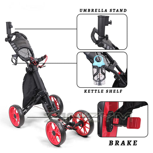 Chariot de golf pliable à 4 roues en alliage d'aluminium, sac de golf, chariot à pousser, parapluie, porte-gobelet, chariot réglable avec frein à pied