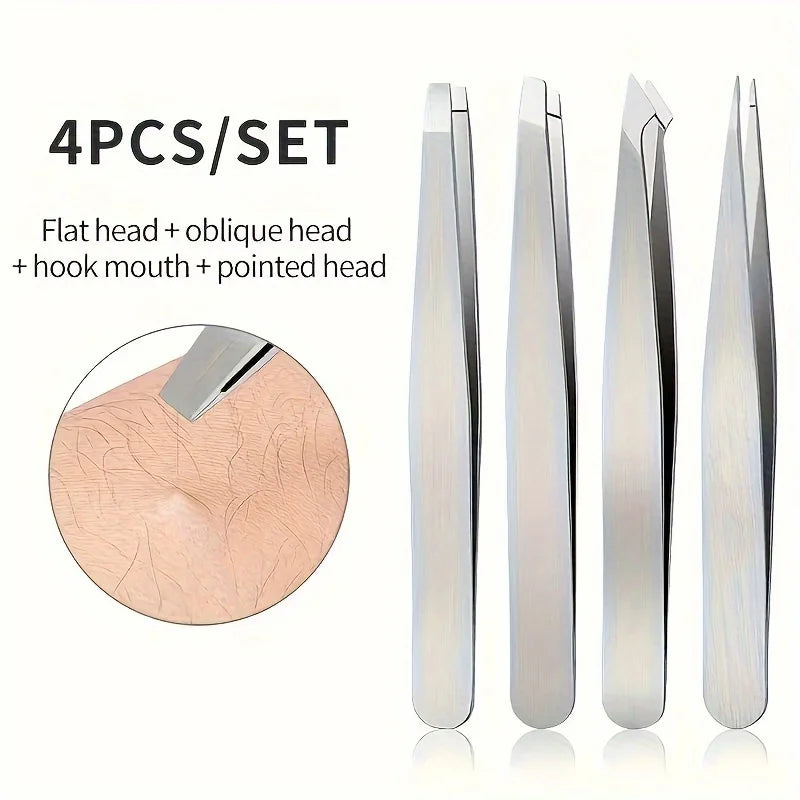 4 Piece Professional Tweezers Set Eyebrow Hair Removal, Beard Plucking, Stainless Steel Angled Tweezers Tools Hair Removal Tool