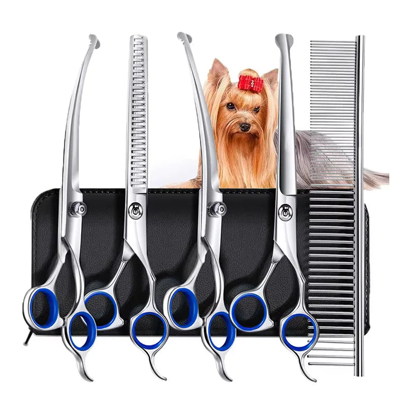 Ensemble de ciseaux de toilettage professionnels 5 en 1 pour chiens et chats, en acier inoxydable, avec pointe ronde de sécurité