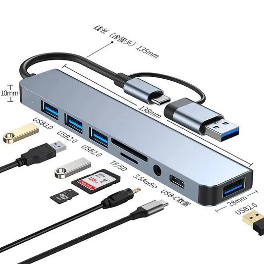 Hub USB-C 8 en 2 avec lecteur de carte SD/TF 3.0, adaptateur multiport pour ordinateur portable, tablette et téléphone, station d'accueil Type-C pour le travail au bureau