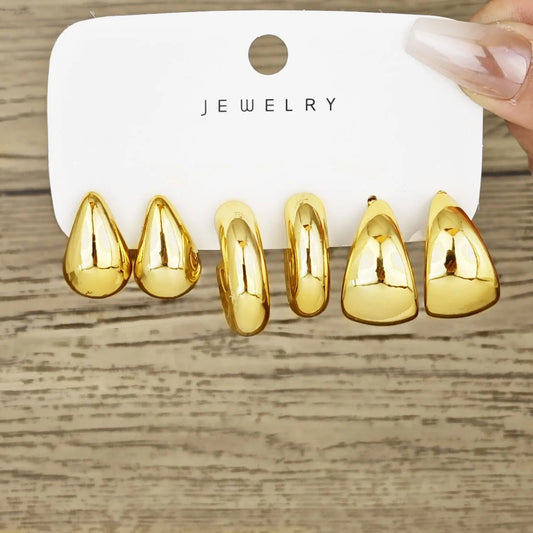Ensemble de 6 boucles d'oreilles créoles épaisses plaquées or en forme de goutte d'eau