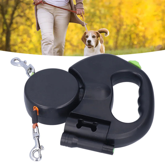 Laisses double rétractables doubles pour chien avec lampe de poche et distributeur de sacs