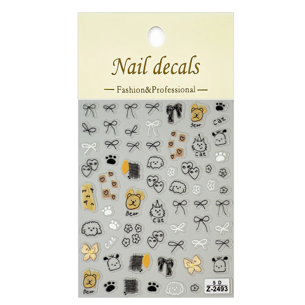 5D Cute Animal Nail Stickers Cute Sketching Graffiti Animal Cat Dog Nail Art Sticker Designs Self Adhesive Decoration Decal